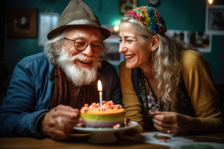 happy, birthday and cake with a couple celebrating anniversary, trip or party together, created with generative aiの素材