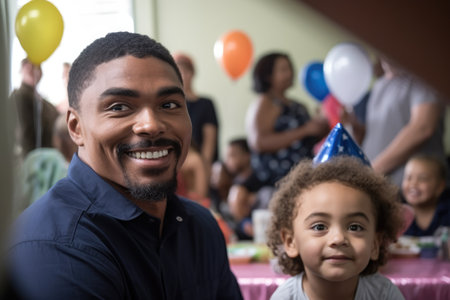 happy, smile and portrait of man at a graduation party with child in background feeling proud, created with generative aiの素材