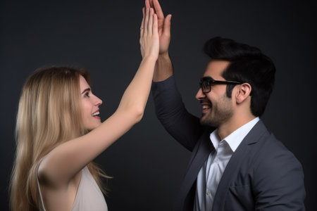 portrait, happy and high five with couple in studio for success against gray background, created with generative aiの素材