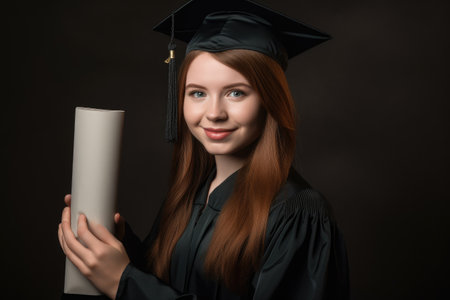 portrait of a happy graduate holding her diploma and looking at the camera, created with generative aiの素材