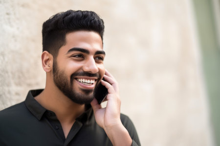 portrait of a handsome young man smiling while talking on his cellphone, created with generative aiの素材