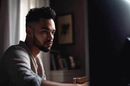 shot of a young man sitting at his home computer, created with generative aiの素材