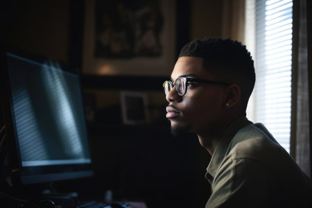shot of a young man sitting at his home computer, created with generative aiの素材