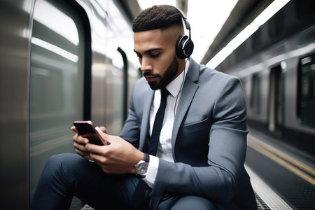 shot of a young businessman using his smartphone with headphones plugged in, created with generative aiの素材
