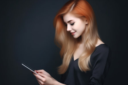 studio shot of an attractive young woman using a digital tablet against a grey background, created with generative aiの素材