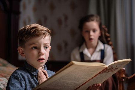 cropped shot of a young boy reading out loud while his sister listens intently to him in the background, created with generative aiの素材