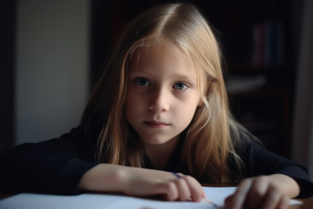 portrait of a young girl at her homework, created with generative aiの素材