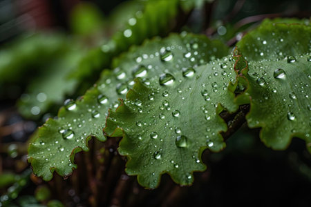 close-up of lush garden, with dew droplets on the leaves, created with generative aiの素材