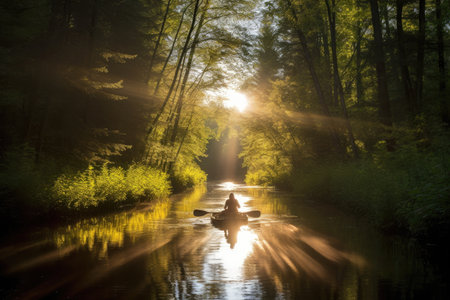 canoeist paddling through serene forest, with the sun shining through the trees, created with generative aiの素材