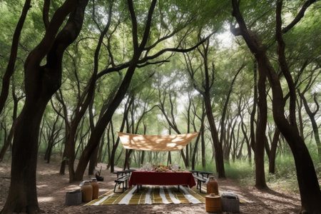 picnic under canopy of trees with a view of the forest, created with generative aiの素材