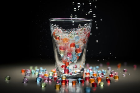 microplastic floating in a glass of water, surrounded by colorful drops, created with generative aiの素材