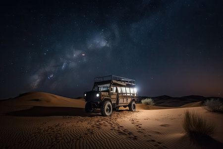 nighttime desert safari with a view of the stars and moon above, created with generative aiの素材