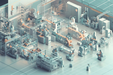 a futuristic factory where robots and other machines work with precision, freely moving from one task to another, created with generative aiの素材