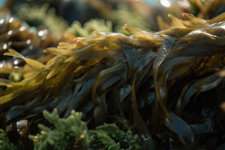 close-up of kelp fronds and their feathery texture, created with generative aiの素材