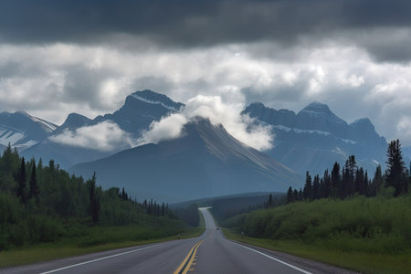 majestic mountain range seen from winding road, with clouds hovering above, created with generative aiの素材