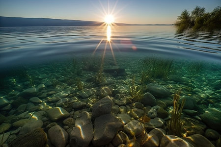 crystal-clear lake at sunrise, with the suns rays shining upon its surface, created with generative aiの素材