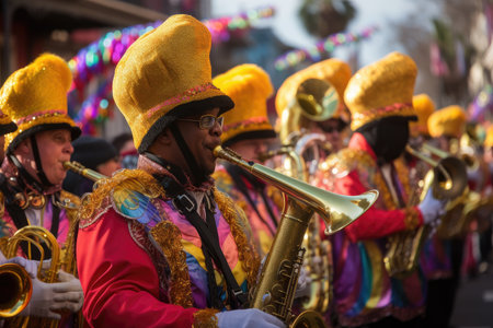 mardi gras parade, with marching bands, revelers and colorful floats, created with generative aiの素材