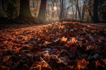 a pile of fallen leaves, with the sunlight shining through them, created with generative aiの素材