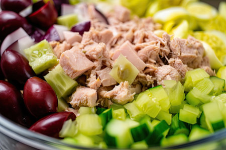 close-up of tuna salad, with pickles, celery and other ingredients visible, created with generative aiの素材