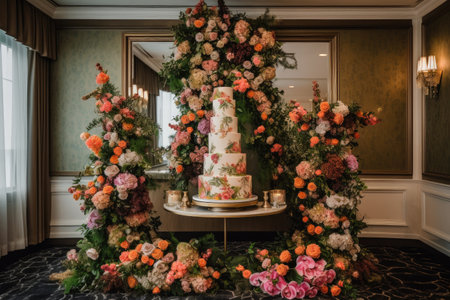 wedding cake tower with cascading florals and greenery, created with generative aiの素材