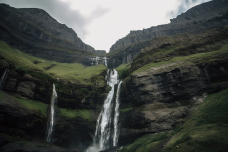 gorgeous mountain range, with waterfall cascading down the cliffs, created with generative aiの素材