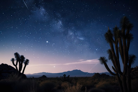 night sky with shooting stars and starlit desert landscape, created with generative aiの素材