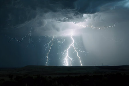 close-up of thunderstorm, with lightning and rain visible, created with generative aiの素材