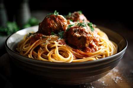 spaghetti and meatballs poached in rich and flavorful sauce, created with generative aiの素材