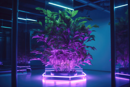 neon plant growing in futuristic, high-tech laboratory, created with generative aiの素材