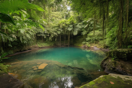 majestic waterfall cascading into crystal-clear pool, with view of the surrounding forest, created with generative aiの素材