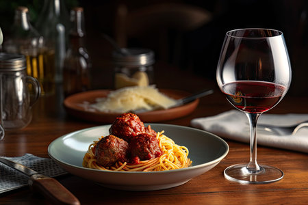 stylish and modern take on classic spaghetti and meatballs with checkered plate, hipster glasses, and wine, created with generative aiの素材