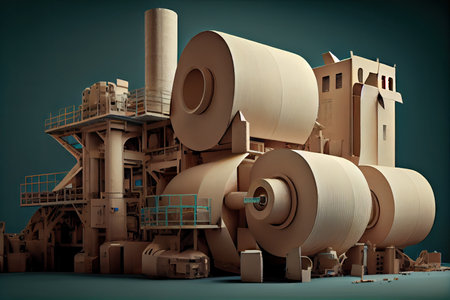 pulp and paper factory, with machines producing rolls of paper from recycled materials, created with generative aiの素材
