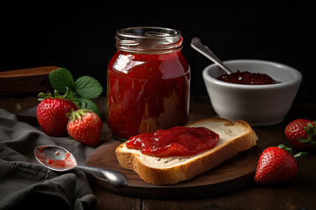 jar of homemade strawberry jam, ready to be served on toast or enjoyed with cheese and crackers, created with generative aiの素材