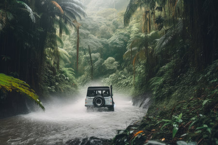 off-roader driving through a tropical jungle, with waterfalls in the background, created with generative aiの素材
