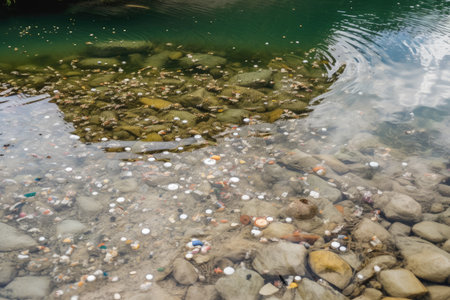a river, with microplastics floating on the surface, created with generative aiの素材