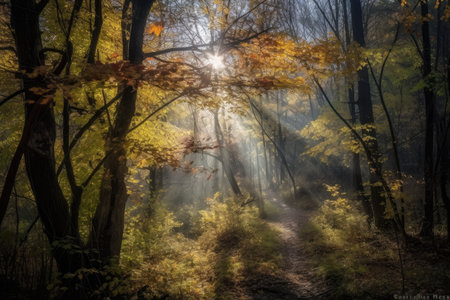 dodge of leaves and sunrays through the forest canopy, created with generative aiの素材