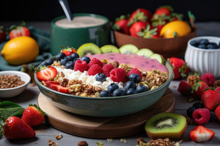 smoothie bowl with layers of fruit, granola, and yogurt, created with generative aiの素材