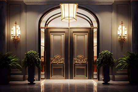 a pair of grand double doors, with towering vases and sleek modern lighting, usher guests into a business or hotel lobby, created with generative aiの素材