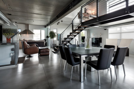 industrial home, with sleek and modern interior design, featuring sleek furniture, metal accents and pops of color, created with generative aiの素材