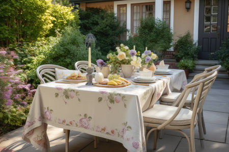 tasteful al fresco dining with stylish tables, chairs and floral centerpiece, created with generative aiの素材