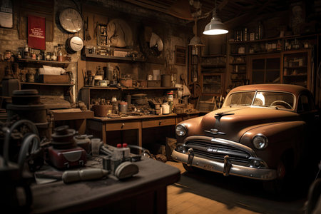 old garage, with car and tools on display, serving as tribute to the past, created with generative aiの素材