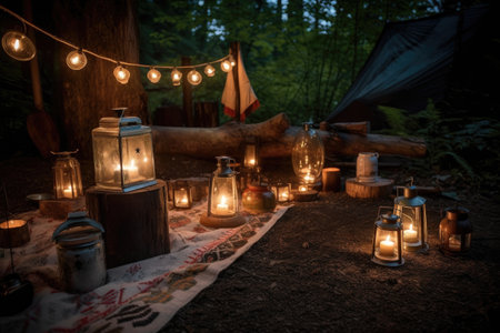 campsite setup with lanterns and candles, for a cozy nighttime atmosphere, created with generative aiの素材