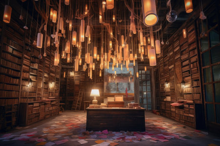 magical library, with floating books and candles, where magic is made, created with generative aiの素材