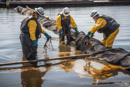 oil spill cleanup team in action, using high-tech equipment to remove oil from water, created with generative aiの素材