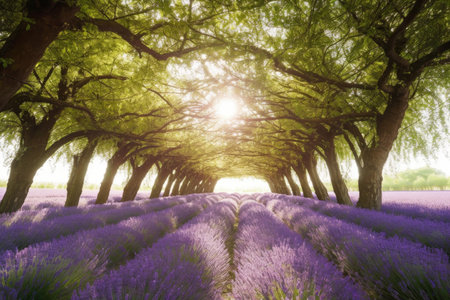 lavender field filtered through a canopy of trees, with the sunlight filtering through, created with generative aiの素材