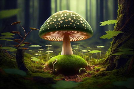 magic mushroom growing in the forest, surrounded by trees, created with generative aiの素材