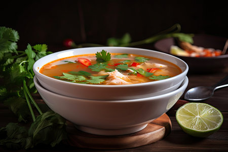 bowl of tom yam soup, garnished with cilantro and lime wedge, created with generative aiの素材