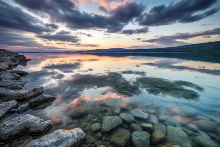 crystal-clear lake at sunrise, with dramatic sky and clouds, created with generative aiの素材