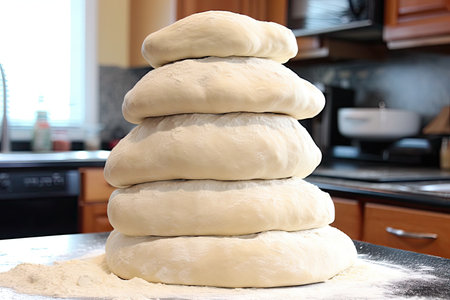 towering pile of pizza dough, ready for toppings, created with generative aiの素材