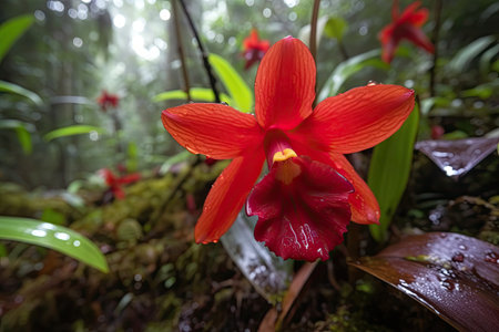 close-up of red orchid in lush jungle, created with generative aiの素材